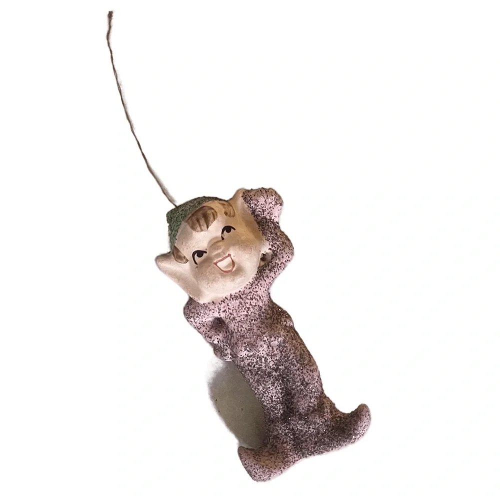 Vintage Christmas Ornament Pixie Elf Antique Japan Pink Mica Glitter 40’s 50’s